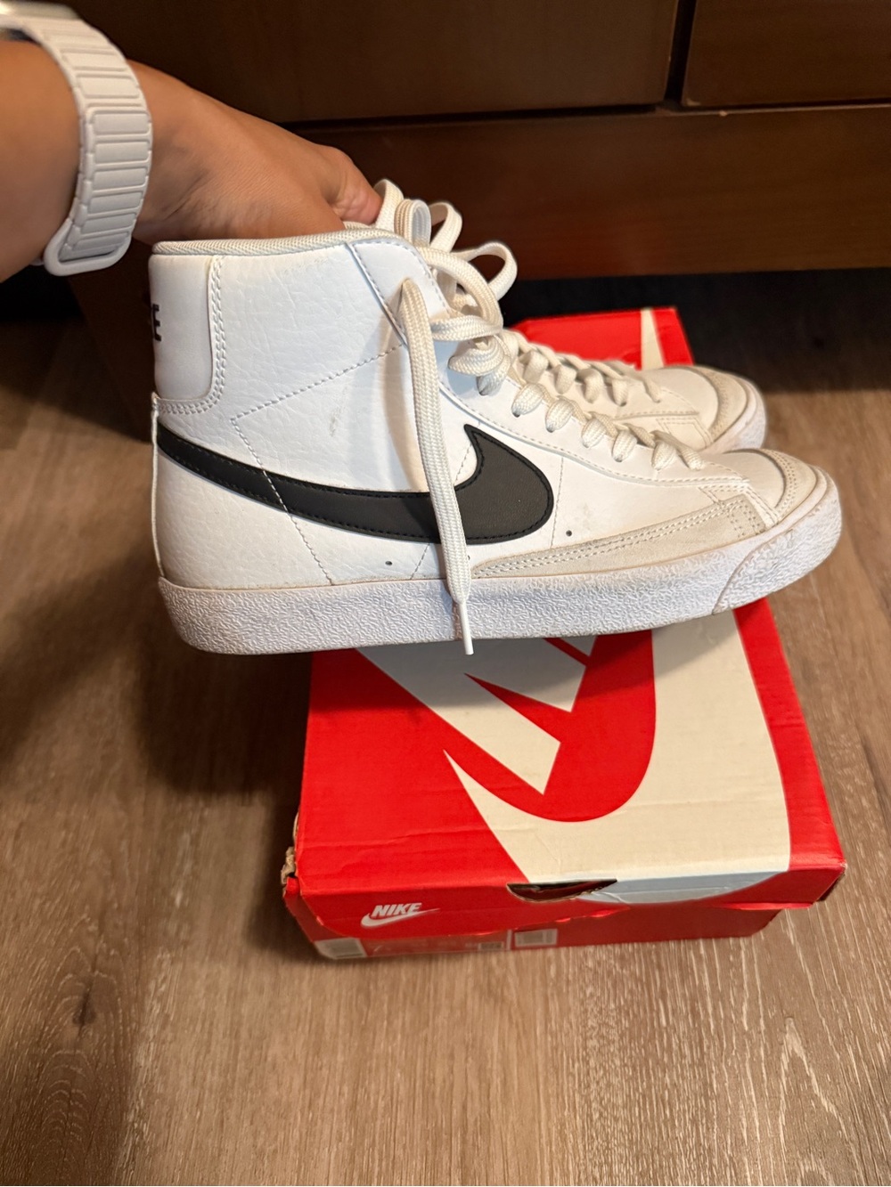 Nike Kids White High-Top Sneakers with Black Swoosh